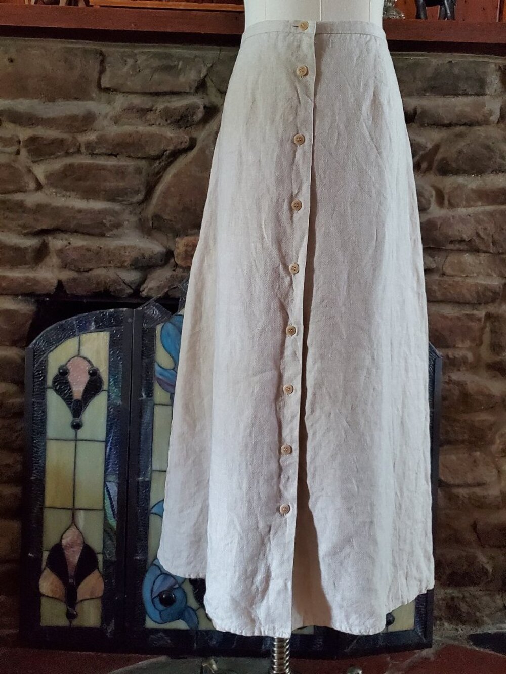 Vintage Talbots 100% Irish Linen Maxi Skirt Button Front Beige Oatmeal Flax 16